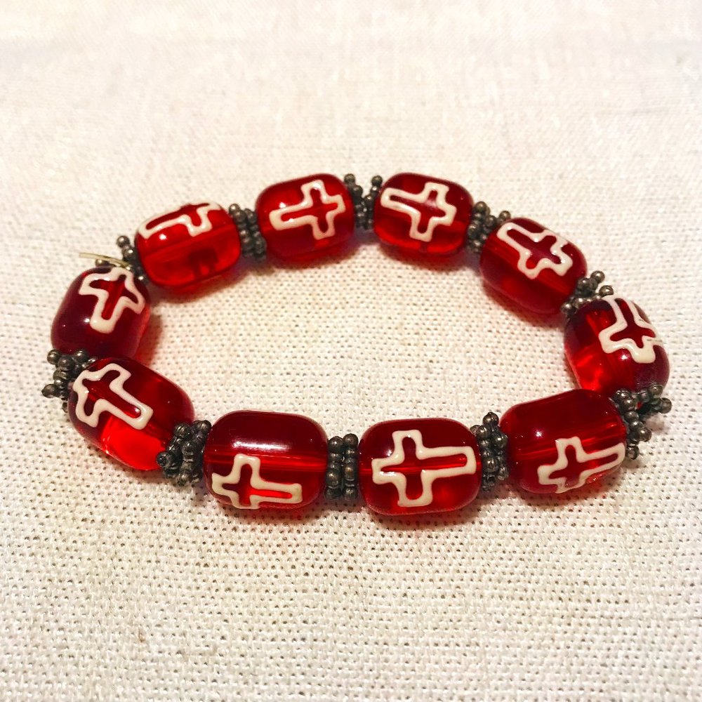 Red Glass Beads with White Cross Stretch Bracelet